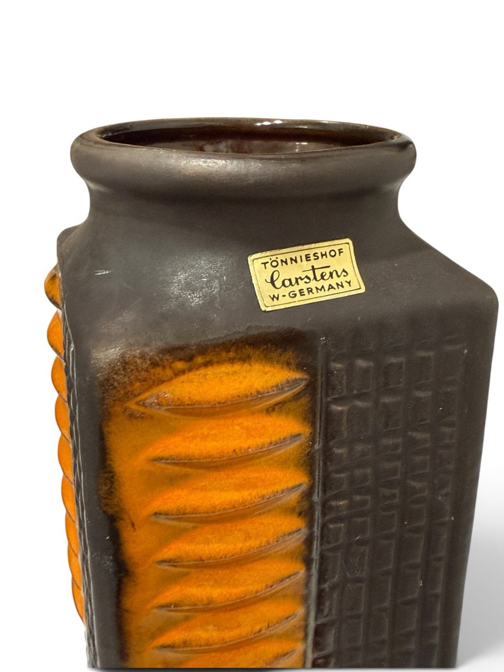 Mid‑Century Carstens West Germany Ceramic Vase – Brown & Orange, 12.5” - Picture 12 of 17